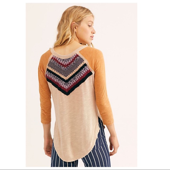 FREE PEOPLE BOHO TEE KNIT PULLOVER CROCHET TOP A2C - Picture 2 of 13
